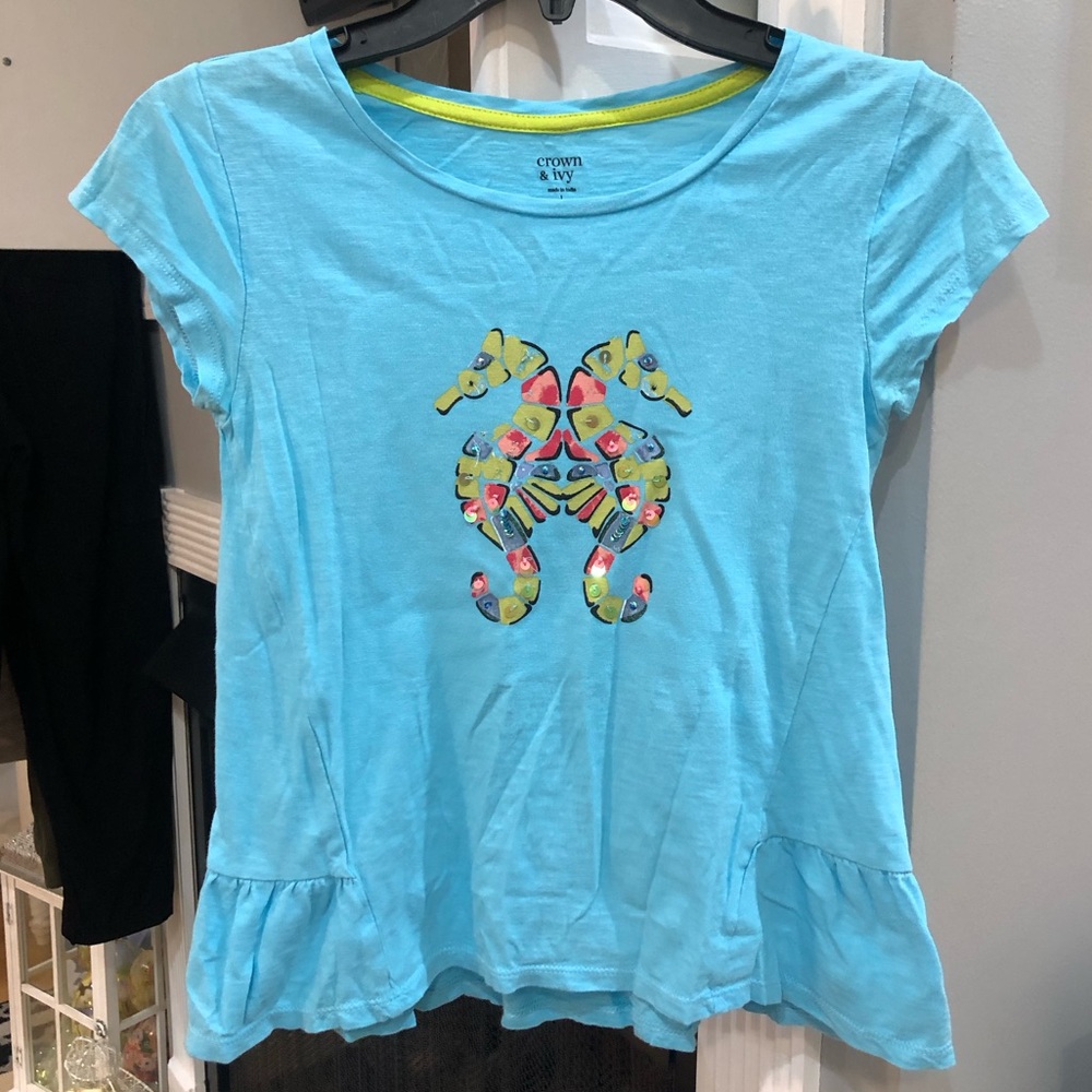 Crown & Ivy Girls Sequin Beaded Seahorse Short Sleeve Ruffle Blouse Shirt Top